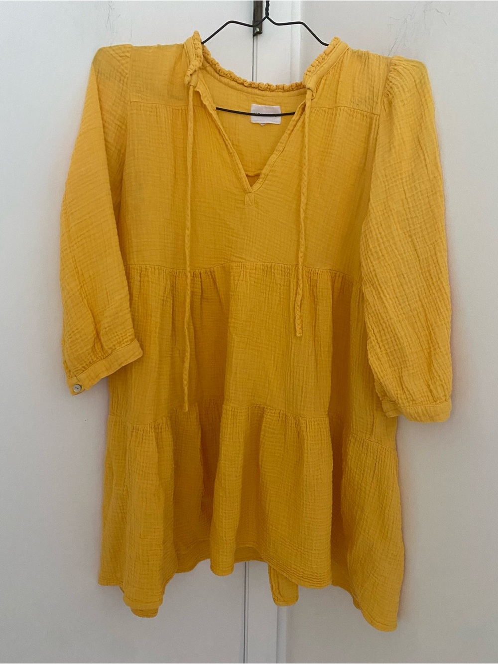 100% Cotton Gauze Honorine Giselle Short Yellow Tiered Tunic Dress Boho Peasant